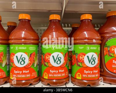 V8 Spicy Hot 100% Vegetable Juice, 46 fl oz Bottles for sale on the shelves in a supermarket. Boston, MA,  USA. Stock Photo