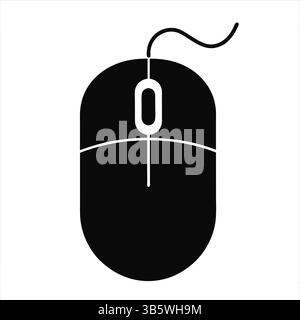 Minimalist Black Computer Mouse Icon with Scroll Wheel and Cord, Top View Silhouette Vector Illustration Stock Vector