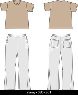 Casual T-Shirt and Pants Technical Fashion Illustration | Flat Apparel Template CAD | Front and Back Views Stock Vector