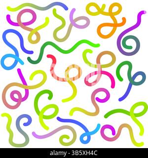 Vector Neon Colorful Line Shapes with Gradient. Abstract Wavy Pattern on White Background. 3D Rainbow Color Waves Graphic Worm. Colored Dynamic Squigg Stock Vector
