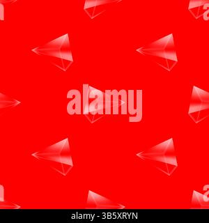 Vector crystal diamond seamless pattern on red background. Glass transparent prism backdrop. Mineral random triangle pyramid set. Stock Vector