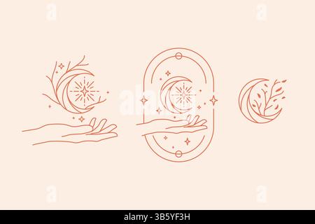 Hand Crescent Moon Star Rustic Concept Label Sign Symbol Business Logo Beauty Art Handmade Craft Product Stock Vector