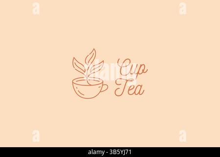Cup Tea Leaf Vintage Linear Style Logo Template Business Restaurant and Cafe Food Beverage Organic Drink Stock Vector