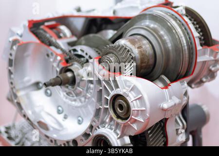 Cross section of a clutch and gearbox in transmission at the training stand. Industry Stock Photo