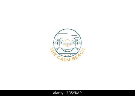 View Beach Evening Sunset with Abstract Palm Tree and Hammock Logo Holiday Travel and Vacation Business Stock Vector