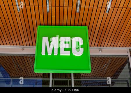 Close up of MEC (Mountain Equipment Co-op) store sign is seen in downtown Toronto, Canada Stock Photo
