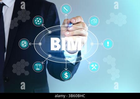 Building information modeling. Man using virtual screen with abbreviation BIM and different icons, closeup Stock Photo