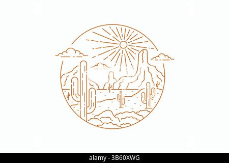 West America Desert Arizona California with Sun and Cactus Abstract Circle Badge Logo Illustration Stock Vector