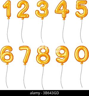 Bright golden balloons shaped as numbers with realistic shading and highlights. Perfect for celebrations and festive designs Stock Vector