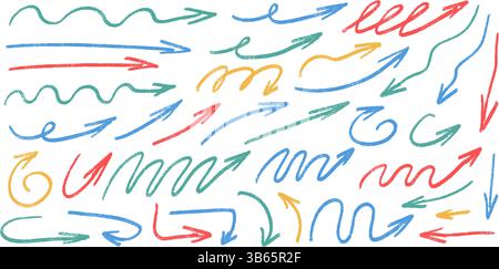 Arrows hand drawn squiggly set. Crayon multi colors curved thin pointers doodle elements set. Freehand arrow by markers. Vector illustration turns by Stock Vector