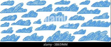 Crayon clouds set. Naive hand drawn sky pack. Kids chalk textured elements. Pastel scribble cloudy weather speech bubbles. Vector pencil drawn collect Stock Vector