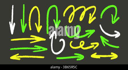 Arrows highlights hand drawn set. Neon marker straight and curved thin pointers doodle elements set. Freehand emphasis vector illustration by pencil. Stock Vector
