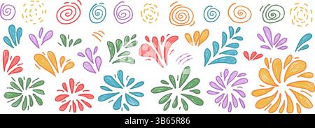Fireworks set crayons drawn. Multicolored firecrackers and sprinkles in doodle style on white background. Vector carnival decoration. Stock Vector