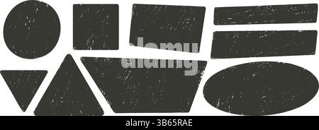 Freehand geometric shapes with noise set. Text boxes grainy textured frames pack. Trapezium, rectangles, oval and circles. Vector hand drawn quotation Stock Vector