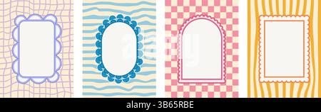 Geometric retro scallop frames set. Wavy groovy arch, rectangle and oval borders isolated on white background. Poster with multi colors wobbly decorat Stock Vector