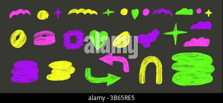 Neon colors abstract shapes highlights set. Naive vibrant colors crayon doodle figures on dark background. Text boxes and stickers collage elements. V Stock Vector