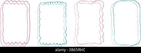 Scallop thin double hand drawn frames set. Wavy rectangle borders by crayon isolated on white background. Wobbly y2k decorative simple callouts elemen Stock Vector