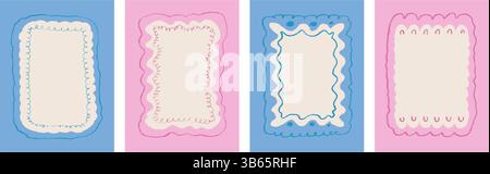 Scallop text boxes frames pencil hand drawn set. Wavy groovy rectangle pictures borders by crayon background. Wobbly y2k decorative callouts elements. Stock Vector