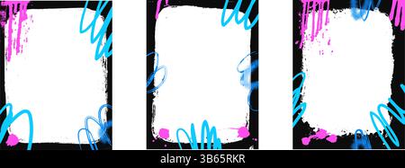 Set of text frames with grunge style spray paint. Graffiti templates with airbrush and lines, speckles. Overlaying retro textures on posters. Vector u Stock Vector
