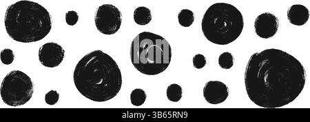 Scribble charcoal circle set. Polka dots aerosol spray shapes pack. Vector black hand drawn round note figures collection illustration isolated on whi Stock Vector