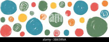 Circle colorful forms set. Polka dots handmade shapes pack. Vector hand drawn kids round note stickers figures collection illustration isolated on whi Stock Vector