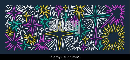 Hand drawn line art sparkle stars set. Space shine crayon shapes and blings pack. Comets and blinking on night sky. Vector illustration by pencil or w Stock Vector