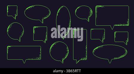 Pixel art speech bubbles. 8 bit text boxes with dithering. Rectangle and round chat frames. Dialog balloon icons in retro 90s green lines style. Digit Stock Vector