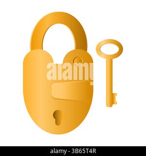 Vintage Gold Padlock and Key Vector. Vintage Padlock and Key Icon on White Background. Stock Vector