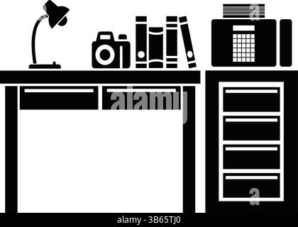 Vector Illustration of Office Desk with Lamp, Camera, Books, Printer, and Cabinet Stock Vector