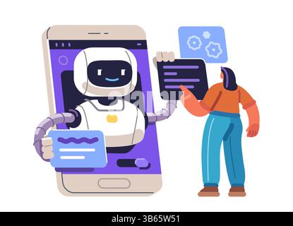 Person works using artificial intelligence. Virtual robot assistant online. Digital technologies Stock Vector