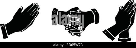 Set of hand gestures icon vector: clapping, handshake, and praying hands in silhouette, hand gestures icon, clapping icon, handshake silhouette Stock Vector