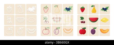 Set of fruit icons in outline and color styles on beige background Stock Vector
