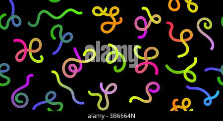 Vector Neon Colorful Line Shapes with Gradient. Abstract Seamless Wavy Pattern on Black Background. 3D Rainbow Color Seamless Waves Graphic Worm. Colo Stock Vector