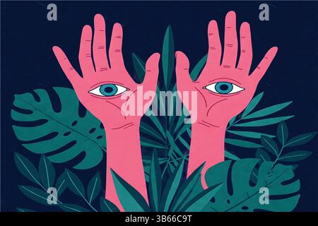 Mystical hands with eyes emerge from lush tropical foliage Stock Vector