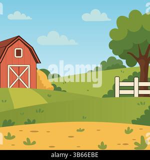 Cute Cartoon Sunny Farm with Barn, Fence, Tree and Blue Sky. Vector Illustrationn of a Rural Landscape. Stock Vector