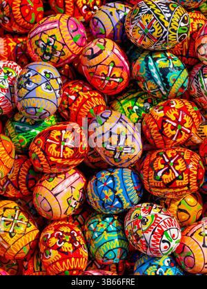Colorful Hand-Painted Easter Eggs: Vibrant Traditional Designs Perfect for Celebrations, Cultural Festivals, and Artistic Stock Photography Enthusiasts Seeking Bright and Decorative Holiday Imagery Stock Photo