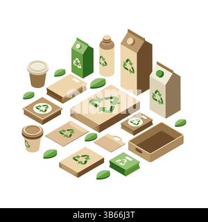 Isometric Eco-Friendly or Sustainable Packaging with Recycling Logo. Eco-Friendly Packaging and Sustainable Product Package Stock Vector