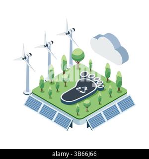 Isometric Carbon Footprint Reduction with Sustainable and Renewable Energy. Carbon Footprint Reduction Concept Stock Vector