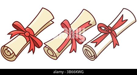 Three Cartoon Graduation Scrolls with Ribbons Stock Vector