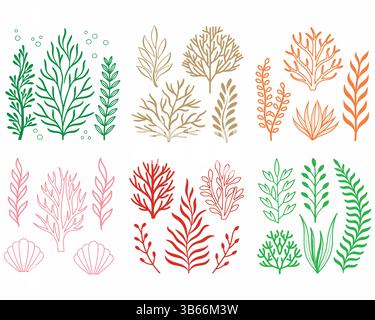Colorful Underwater Flora Vector Illustration Set Stock Vector