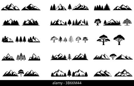 Collection of Black and White Mountain and Forest Icons Stock Vector
