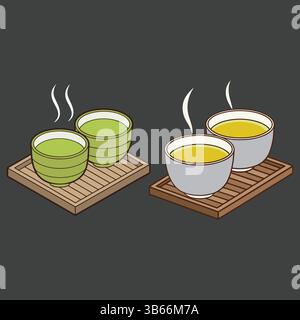 Collection of steaming tea cups (matcha and herbal tea) on wooden trays, flat design icons. Stock Vector