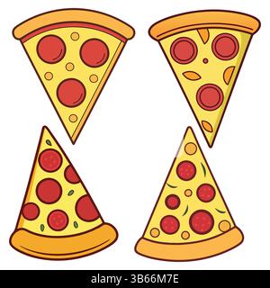 Four Colorful Cartoon Pizza Slice Illustrations Stock Vector