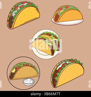 Appetising Cartoon Tacos with Various Toppings Stock Vector