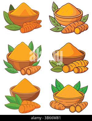 Colorful Turmeric and Carrot Illustration Set Stock Vector
