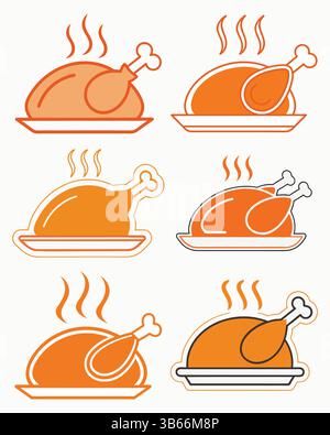 Six Simple Line Art Icons of Roasted Chicken Dishes Stock Vector