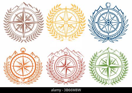 Vintage Compass Design Set with Mountain and Laurel Wreath Stock Vector