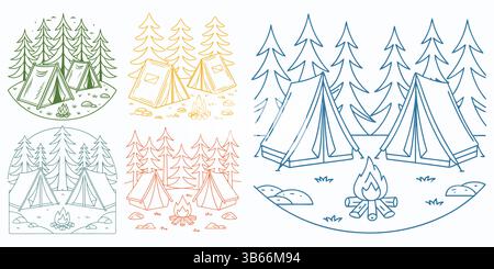 Four camping scenes in the forest, outlined in different colors. Stock Vector