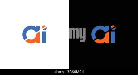 Modern AI logo design showcased on a split black and white background, featuring vibrant orange and blue colors symbolizing innovation and technology. Stock Vector