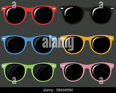 Colorful Sunglasses Collection Against a Dark Background Stock Vector